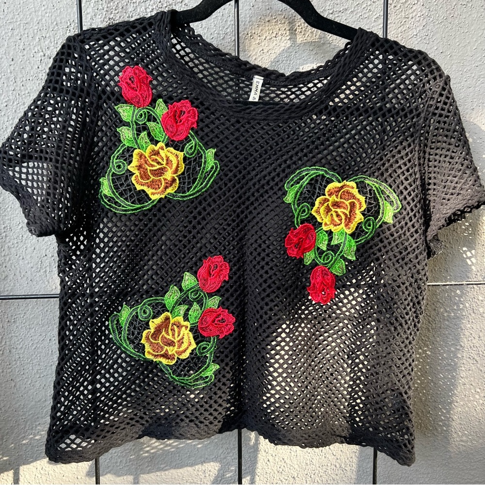 EMMA & SAM Mesh Crop Top with Floral Decals Fishnet